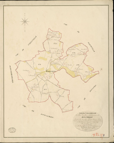 Honguemare. Tableau d'assemblage _ du Plan Parcellaire de la Commune de Honguemare _ Canton de Routot - Pontaudemer - Eure. _ Terminé sur le Terrain le 30 décembre 1826 , sous l'administration de M.Le Vicomte Raymond Delaitre, Préfet _ M. Leprestre, Maire _ sous la Direction de M.Hurtrelle, Directeur des Contributions directes _ M. Hautier, Géomètre en Chef. _ Par M. Roger, Géomètre de 1re classe.