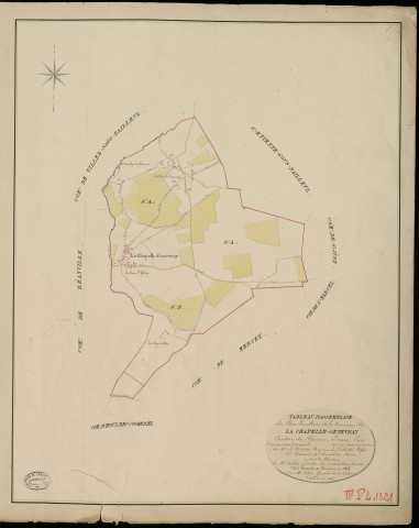 Chapelle-Genevray (La). Tableau d'assemblage _ du Plan Parcellaire de la Commune de la Chapelle-Genevray _ Canton de Vernon - Evreux - Eure. _ Terminé sur le Terrain en 1825, sous l'administration de M. Le Vicomte Raymond Delaitre, Préfet _ M. brossard de Beauchêne, Maire _ et sous la Direction de M. Aubelin, Directeur des Contributions directes _ M. Hautier, Géomètre en Chef. _ Par M. Folin, Géomètre de 1re classe.