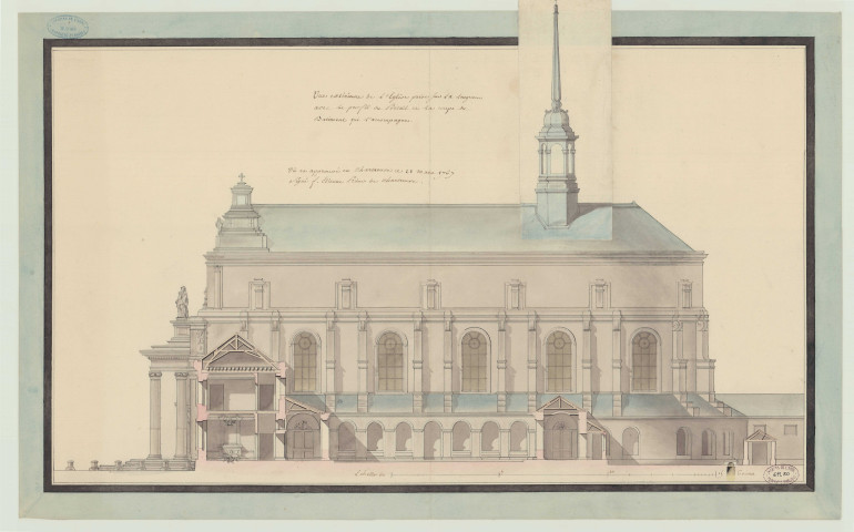 Aubevoye _Chartreuse de Bourbon-lès-Gaillon. _ "Vue extérieure de l'église prise sur la longueur avec le profil du portail et la coupe du bâtiment qui l'accompagne ".