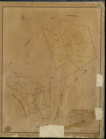 Arnières-sur-Iton. Tableau d'assemblage _ du Plan Parcellaire de la Commune d'Arnières _ Canton de Evreux Sud - Evreux - Eure. _ Terminé sur le Terrain le 13 Novembre 1841 , sous l'administration de M. Zédé, Préfet _ M. Selle, Maire _ sous la Direction de M. Garnier, Directeur des Contributions directes _ M. Le Fébure, Géomètre en Chef. _ Par M. Lefebure, Géomètre de 1re classe.