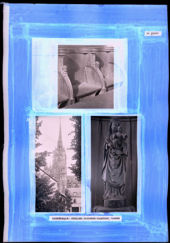 "Histoire générale du diocèse d'Évreux" du chanoine Bonnenfant tome I, planche XXXVI cathédrale Notre-Dame d'Évreux (Eure), stalles, clocher d'argent et Vierge.