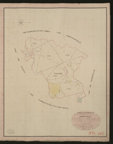 Senneville. Tableau d'assemblage du Plan Parcellaire de la Commune de Senneville. _ Canton de Fleury-sur-Andelle - Andelys - Eure. _ Terminé sur le terrain le 5 septembre 1838, sous l'administration de M. A. Passy, Préfet - M. Drieux, Maire et sous la direction de M. Marel, Directeur des Contributions directes. _ M. Le Fébure, Géomètre en Chef. _ Par M. Pizier, Géomètre de 1re classe