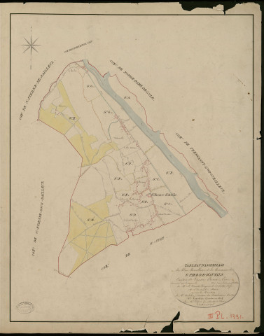 Saint-Pierre-d'Autils. Tableau d'assemblage _ du Plan Parcellaire de la Commune de Saint Pierre d'Autils _ Canton de Vernon - Evreux - Eure. _ Terminé sur le Terrain en 1825, sous l'administration de M. Le Vicomte Raymond Delaitre, Préfet _ M. d'Horteuil, Maire _ et sous la Direction de M. Aubelin, Directeur des Contributions directes _ M. Hautier, Géomètre en Chef. _ Par M. Pilfert, Géomètre de 1re classe.
