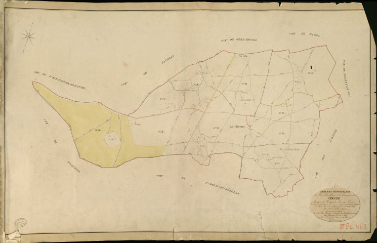 Chesne (Le). Tableau d'assemblage _ du Plan Parcellaire de la Commune de Chesne _ Canton de Breteuil - Evreux - Eure. _ Terminé sur le Terrain en 1829 , sous l'administration de M. Le Vicomte Raymond Delaître , Préfet _ M. d'Erneville, Maire _ sous la Direction de M.Boullenger, Directeur des Contributions directes _ M. Hautier, Géomètre en Chef. _ Par M. Lecerf, Géomètre de 1re classe.