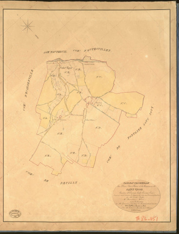 Saint-Vigor. Tableau d'assemblage _ du Plan Parcellaire de la Commune de Saint Vigor _ Canton de Evreux Sud - Evreux - Eure. _ Terminé sur le Terrain le 5 Novembre 1842, sous l'administration de M. Zédé, Préfet _ M. Fauveau, Maire _ sous la Direction de M. Garnier, Directeur des Contributions directes _ M. Le Fébure, Géomètre en Chef. _ Par M. Ledanois, Géomètre de 1re classe.