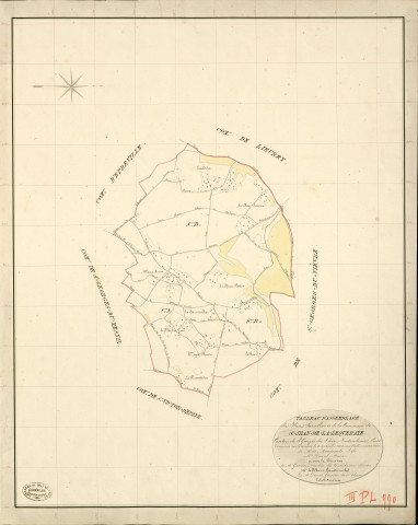 Saint-Jean-de-la-Lequeraye. Tableau d'assemblage _ du Plan Parcellaire de la Commune de St Jean-de-la-Lequeraye _ Canton de St Georges-du-Vièvre - Pontaudemer - Eure. _ Terminé sur le Terrain le 4 Septembre 1838 , sous l'administration de M. de Monicault, Préfet _ M. Duval, Maire _ sous la Direction de M.Garnier, Directeur des Contributions directes _ M. Le Fébure, Géomètre en Chef. _ Par M. Drouet, Géomètre de 1re classe.