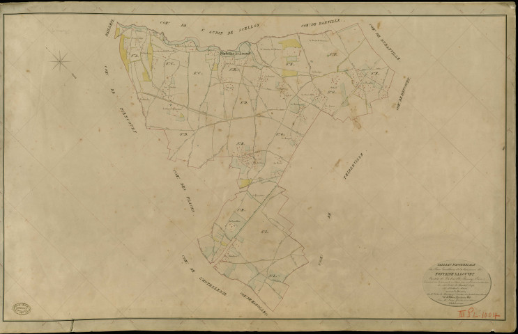 Fontaine-la-Louvet. Tableau d'assemblage _ du Plan Parcellaire de la Commune de Fontaine la Louvet _ Canton de Thiberville - Bernay - Eure. _ Terminé sur le Terrain le 29 Mars 1846 , sous l'administration de M. Petit de Bantel, Préfet _ M. Allabarbe, Maire _ sous la Direction de M.Violas de Martigny, Directeur des Contributions directes _ M. Le Fébure, Géomètre en Chef. _ Par M. Canu, Géomètre de 1re classe.