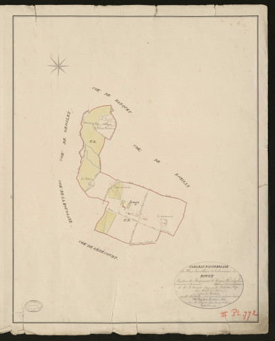 Bougy. Tableau d'assemblage _ du Plan Parcellaire de la Commune de Bougy. _ Canton de Beaumont-le-Roger - Bernay - Eure. _ Terminé sur le terrain en 1826 sous l'administration de M. Le Vicomte Raymond Delaitre, Préfet _ M. Morin, maire _ en sous la Direction de M. Hurtrelle, Directeur des Contributions directes. _ M. Hautier, Géomètre en Chef. _ Par M. Pilfert, Géomètre de 1re classe.