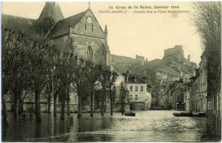 Andelys (Les). Crue de la Seine, Janvier 1910 - Petit Andely Grande rue et Place St Sauveur.
