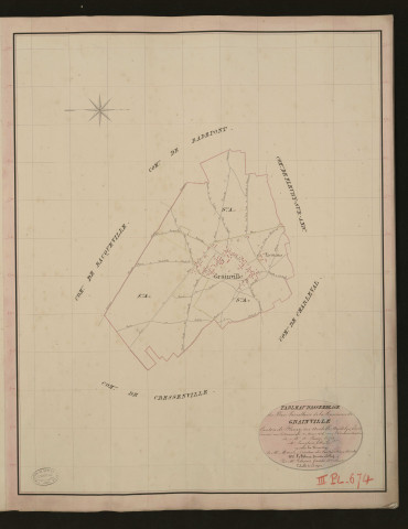Grainville. Tableau d'assemblage du Plan Parcellaire de la Commune de Grainville. _ Canton de Fleury-sur-Andelle - Andelys - Eure. _ Terminé sur le terrain le 10 mars 1836, sous l'administration de M. A. Passy, Préfet - M. Langlois, Maire et sous la direction de M. Marel, Directeur des Contributions directes. _ M. Le Fébure, Géomètre en Chef. _ Par M. Ledanois, Géomètre de 1re classe