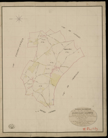 Lignerolles. Tableau d'assemblage _ du Plan Parcellaire de la Commune du Lignerolles Gratheuil _ Canton de Saint André - Evreux - Eure. _ Terminé sur le Terrain le 3 Juin 1837, sous l'administration de M. Passy, Préfet _ M. Cissay, Maire _ et sous la Direction de M. Marel, Directeur des Contributions directes _ M. Le Fébure, Géomètre en Chef. _ Par M. Pizier, Géomètre de 1re classe.