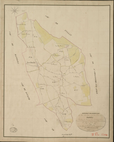 Barils (Les). Tableau d'assemblage _ du Plan Parcellaire de la Commune de Barils _ Canton de Verneuil - Evreux - Eure. _ Terminé sur le Terrain le 25 Décembre 1835, sous l'administration de M. A. Passy, Préfet _ M. Ray, Maire _ et sous la Direction de M. Marel, Directeur des Contributions directes _ M. Le Fébure, Géomètre en Chef. _ Par M. Renault, Géomètre de 1re classe.