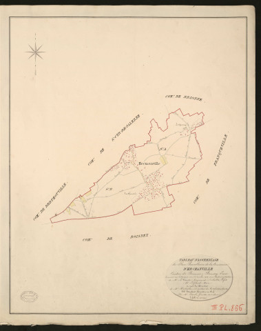 Hecmanville. Tableau d'assemblage du Plan Parcellaire de la Commune de Hecmanville. _ Canton de Brionne - Bernay - Eure. _ Terminé sur le terrain en décembre 1826, sous l'administration de M. Le Vicomte Raymond Delaitre, Préfet - M. Le Grand, Maire et sous la direction de M. Hurtelle, Directeur des Contributions directes. _ M. Hautier, Géomètre en Chef. _ Par M. Thorel, Géomètre de 1re classe