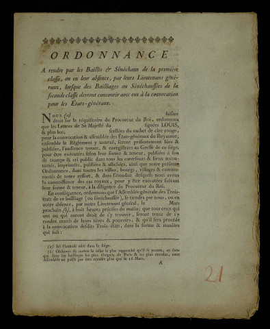 Instruction et formulaire d'ordonnance pour les baillis, plusieurs exemplaires imprimés.