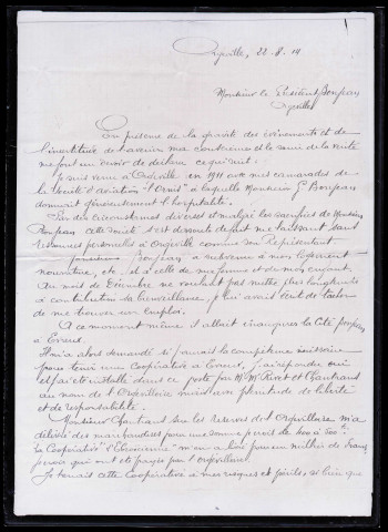 Correspondance [signée de M. Tribolet], adressée au président Bonjean à Orgeville (Eure), depuis Orgeville (Eure), en date du 22 août 1914.