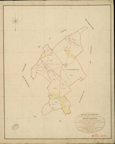 Mesnil-Hardray (Le). Tableau d'assemblage _ du Plan Parcellaire de la Commune de Mesnil-Hardray _ Canton de Conches - Evreux - Eure. _ Terminé sur le Terrain le 12 Novembre 1856 , sous l'administration de M. Janvier, Préfet _ M. Osment, Maire _ sous la Direction de M. Masson, Directeur des Contributions directes _ M. Lefébure, Géomètre en Chef. _ Par M. Lefébure, Géomètre de 1re classe.