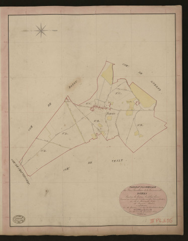 Noyers-près-Vesly (Les). Tableau d'assemblage du Plan Parcellaire de la Commune de Noyers. _ Canton de Gisors - Andelys - Eure. _ Terminé sur le terrain le 4 mai 1840, sous l'administration de M. de Monicault, Préfet - M. Royaucourt, Maire et sous la direction de M. Garnier, Directeur des Contributions directes. _ M. Le Fébure, Géomètre en Chef. _ Par M. Depoilly, Géomètre de 1re classe