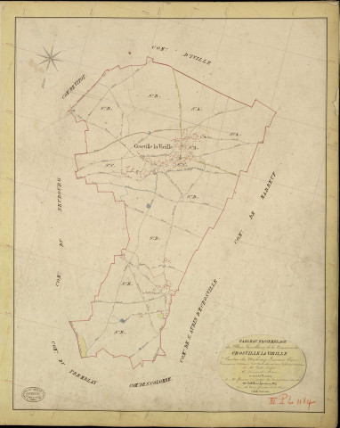 Crosville-la-Vieille. Tableau d'assemblage _ du Plan Parcellaire de la Commune de Crosville la Vieille _ Canton de Neubourg - Louviers - Eure. _ Terminé sur le Terrain le 5 Novembre 1843, sous l'administration de M. Zédé, Préfet _ M. Dumont, Maire _ et sous la Direction de M. Garnier, Directeur des Contributions directes _ M. Le Fébure, Géomètre en Chef. _ Par M. Canu, Géomètre de 1re classe.