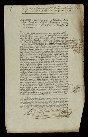Notifications isolées adressées aux paroisses de Gaprée (Orne), La Houssaye, Mesnil-Vicomte (com. de Louversey), Saint-Pierre-du-Bosguérard.