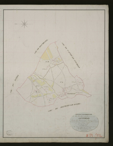 Gouttières. Tableau d'assemblage _ du Plan Parcellaire de la Commune de Gouttières. _ Canton de Beaumesnil - Bernay - Eure. _ Terminé sur le terrain le 22 octobre 1833 sous l'administration de M. A. Passy, Préfet _ M. Fessey, maire _ en sous la Direction de M. Marel, Directeur des Contributions directes. _ M. Le Fébure, Géomètre Chef. _ Par M. Renault, Géomètre de 1re classe.