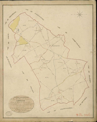 Dame-Marie. Tableau d'assemblage _ du Plan Parcellaire de la Commune de Damemarie _ Canton de Breteuil - Evreux - Eure. _ Terminé sur le Terrain en 1829 , sous l'administration de M. Le Vicomte Raymond Delaître , Préfet _ M. Laine, Maire _ sous la Direction de M.Boullenger, Directeur des Contributions directes _ M. Hautier, Géomètre en Chef. _ Par M. Pilfert, Géomètre de 1re classe.