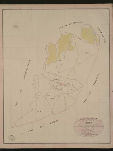 Guitry. Tableau d'assemblage du Plan Parcellaire de la Commune de Guitry. _ Canton d'Ecos - Andelys - Eure. _ Terminé sur le terrain le 8 novembre 1836, sous l'administration de M. A Passy, Préfet - M. Legrand, Maire et sous la direction de M. Marel, Directeur des Contributions directes. _ M. Le Fébure, Géomètre en Chef. _ Par M. Depoilly, Géomètre de 1re classe