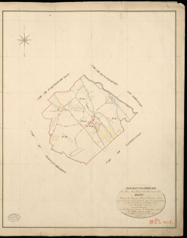 Fains. Tableau d'assemblage _ du Plan Parcellaire de la Commune de Fains _ Canton de Pacy sur Eure - Evreux - Eure. _ Terminé sur le Terrain le 25 Septembre 1852, sous l'administration de M. Le Marquis de Ste Croix, Préfet _ M. Renault, Maire _ et sous la Direction de M. Chauveau, Directeur des Contributions directes _ M. Lefébure, Géomètre en Chef. _ Par M. Lefebure Désiré, Géomètre de 1re classe.