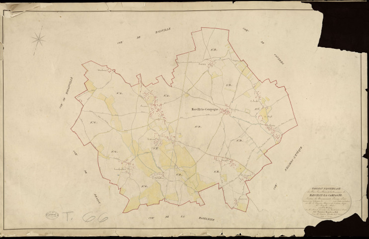 Marcilly-la-Campagne. Tableau d'assemblage _ du Plan Parcellaire de la Commune de Marcilly la Campagne _ Canton de Nonancourt - Evreux - Eure. _ Terminé sur le Terrain le , sous l'administration de M. Le Vicomte Raymond Delaitre, Préfet _ M. Regnier, Maire _ et sous la Direction de M. Marel, Directeur des Contributions directes _ M. Hautier, Géomètre en Chef. _ Par M. Auxerre, Géomètre de 1re classe.