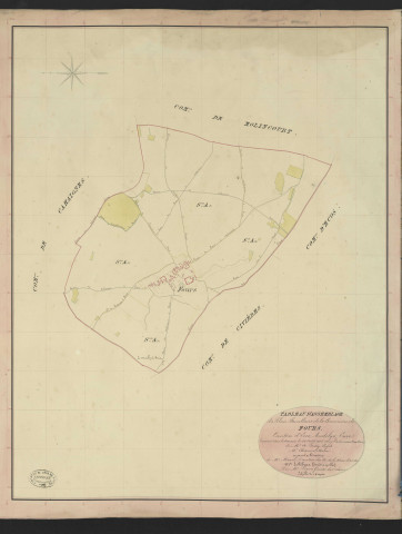 Fours-en-Vexin. Tableau d'assemblage du Plan Parcellaire de la Commune de Fours. _ Canton d'Ecos - Andelys - Eure. _ Terminé sur le terrain le 25 août 1836, sous l'administration de M. A Passy, Préfet - M. Chérence, Maire et sous la direction de M. Marel, Directeur des Contributions directes. _ M. Le Fébure, Géomètre en Chef. _ Par M. Pizier, Géomètre de 1re classe