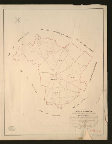 Epreville-en-Roumois. Tableau d'assemblage _ du Plan Parcellaire de la Commune d'Epreville _ Canton de Bourgtheroulde - Pontaudemer - Eure. _ Terminé sur le terrain en 1828, sous l'administration de M.le Vicomte Raymond Delaitre, Préfet _ M. Elie, maire _ en sous la Direction de M. Hurtrelle, Directeur des Contributions directes. _ M. Hautier, Géomètre en Chef. _ Par M. Roger, Géomètre de 1re classe.