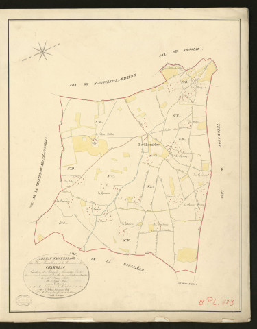 Chamblac (Le). Tableau d'assemblage du Plan Parcellaire de la Commune du CHAMBLAC _ Canton de Broglie - Bernay - Eure. _ Terminé sur le terrain le 8 juillet 1831 sous l'administration _ de Mr Passy, Préfet _ Mr Delanoë, Maire _ et sous la direction _ de Mr marel, directeur des Contributuions directes _ Mr Lefébure, géomètre en chef. _ Par Mr Charpentier, Géomètre de 1ère classe _ Echelle de 1 à 10,000.