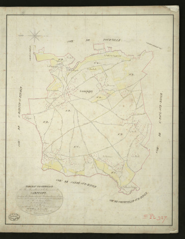 Campigny. Tableau d'assemblage _ du Plan Parcellaire de la Commune de Campigny _ Canton de Pontaudemer - Pontaudemer - Eure. _ Terminé sur le Terrain le 25 aout 1832, sous l'administration de M. A Passy, Préfet _ M. Delaunay, Maire _ sous la Direction de M.Marel, Directeur des Contributions directes _ M. Le Fébure, Géomètre en Chef. _ Par M. Lefebure, Géomètre de 1re classe.