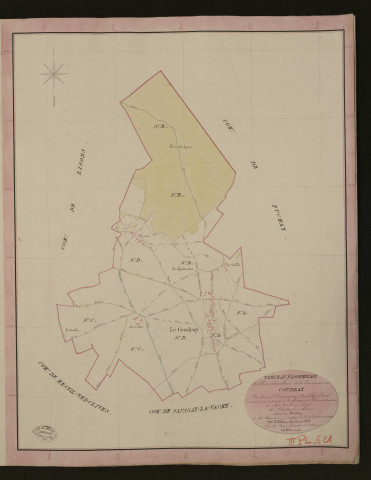 Coudray. Tableau d'assemblage du Plan Parcellaire de la Commune de Coudray. _ Canton d'Etrépagny - Andelys - Eure. _ Terminé sur le terrain le 20 septembre 1849, sous l'administration de M. Vallon, Préfet - M. Sainlard, Maire et sous la direction de M. Chaveau, Directeur des Contributions directes. _ M. Le Fébure, Géomètre en Chef. _ Par M. Canu, Géomètre de 1re classe