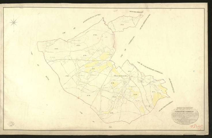 Saint-Pierre-de-Cormeilles. Tableau d'assemblage du Plan Parcellaire de la Commune de Saint-Pierre-de-Cormeilles _ Canton de Cormeilles - Pont-Audemer - Eure _ Terminé sur le terrain le 1826, sous l'administration de M. Le Vicomte Raymond Delaitre, Préfet - M. Lefortier, Maire et sous la direction de M. Hurtrelle, Directeur des Contributions directes. _ M. Hautier, Géomètre en Chef. _ Par M. Chainot, Géomètre de 1re classe