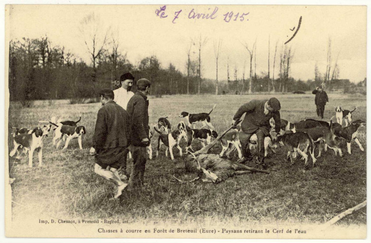 Breteuil-sur-Iton. Chasse à courre en forêt de Breteuil-Paysans retirant le Cerf de l'eau.