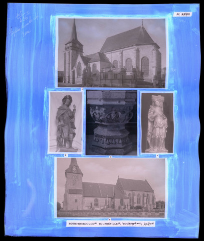 "Églises rurales du département de l'Eure" du chanoine Bonnenfant tome I, planche XXVIII Bourgtheroulde-Infreville (Eure), Bourneville (Eure), Bourth (Eure) et Bray (Eure).