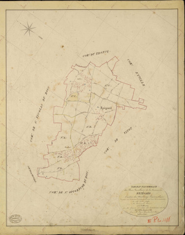 Epégard. Tableau d'assemblage _ du Plan Parcellaire de la Commune d'Epégard _ Canton de Neubourg - Louviers - Eure. _ Terminé sur le Terrain le 25 Novembre 1842, sous l'administration de M. Zédé, Préfet _ M. Bonneval, Maire _ et sous la Direction de M. Garnier, Directeur des Contributions directes _ M. Le Fébure, Géomètre en Chef. _ Par M. Pizier, Géomètre de 1re classe.