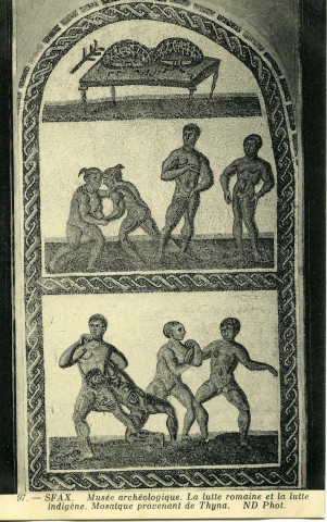 SFAX. - Musée archéologique. La lutte romaine et la lutte indigène. Mosaïque provenant de Thyna