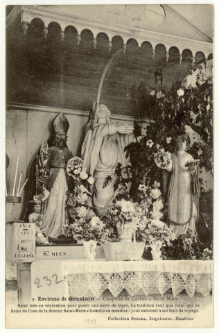 Fatouville-Grestain. Chapelle de Carbec - Saint Méen - Saint très en vénération pour guérir une sorte de lèpre. La tradition veut que celui qui va boire de l'eau de la Source Saint-Méen s'humilie en mendiant pour subvenir a ses frais de voyage.