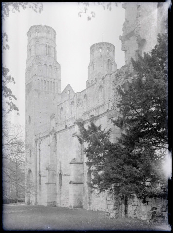 Tour et pignons des ruines et vestiges de l'abbaye de Jumièges (Seine-Maritime).