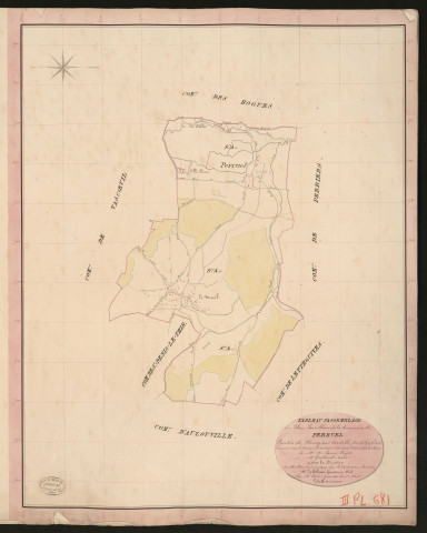 Perruel. Tableau d'assemblage du Plan Parcellaire de la Commune de Perruel. _ Canton de Fleury-sur-Andelle - Andelys - Eure. _ Terminé sur le terrain le 24 août 1835, sous l'administration de M. A. Passy, Préfet - M. Geullard, Maire et sous la direction de M. Marel, Directeur des Contributions directes. _ M. Le Fébure, Géomètre en Chef. _ Par M. Pizier, Géomètre de 1re classe