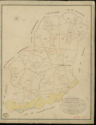 Saint-Aubin-de-Scellon. Tableau d'assemblage _ du Plan Parcellaire de la Commune des St Aubin de Scellon _ Canton de Thiberville - Bernay - Eure. _ Terminé sur le Terrain le 5 Aout 1846 , sous l'administration de M. petit de Bantel, Préfet _ M. Lailler, Maire _ sous la Direction de M.Violas de Martigny, Directeur des Contributions directes _ M. Le Fébure, Géomètre en Chef. _ Par M. Gérard, Géomètre de 1re classe.