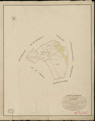 Sainte-Colombe-près-Vernon. Tableau d'assemblage _ du Plan Parcellaire de la Commune de Ste Colombe _ Canton de Vernon - Evreux - Eure. _ Terminé sur le Terrain en 1825, sous l'administration de M. Le Vicomte Raymond Delaitre, Préfet _ M. de Roycourt, Maire _ et sous la Direction de M. Aubelin, Directeur des Contributions directes _ M. Hautier, Géomètre en Chef. _ Par M. Roger, Géomètre de 1re classe.
