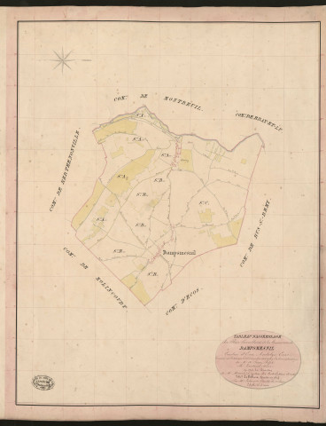 Dampsmesnil. Tableau d'assemblage du Plan Parcellaire de la Commune de Dampsmesnil. _ Canton d'Ecos - Andelys - Eure. _ Terminé sur le terrain le 13 décembre 1836, sous l'administration de M. A Passy, Préfet - M. Toutain, Maire et sous la direction de M. Marel, Directeur des Contributions directes. _ M. Le Fébure, Géomètre en Chef. _ Par M. Ledanois, Géomètre de 1re classe