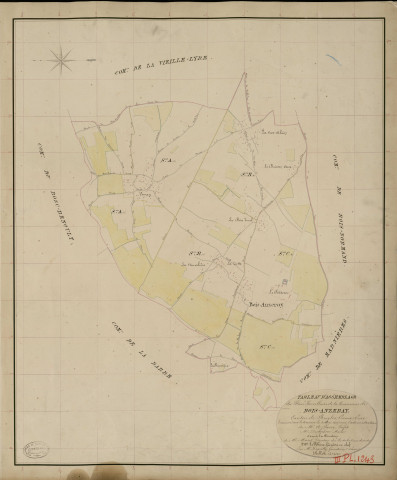 Bois-Anzeray. Tableau d'assemblage _ du Plan Parcellaire de la Commune de Bois-Anzeray _ Canton de Rugles - Evreux - Eure. _ Terminé sur le Terrain le 3 Mai 1835, sous l'administration de M. A Passy, Préfet _ M. Dechoisne, Maire _ et sous la Direction de M. Marel, Directeur des Contributions directes _ M. Lefébure, Géomètre en Chef. _ Par M. Depoilly, Géomètre de 1re classe.