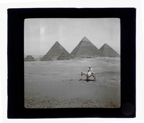 Bédouins sur son âne devant les pyramides de Gizeh (Égypte).