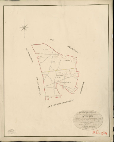 Cauverville-en-Roumois. Tableau d'assemblage _ du Plan Parcellaire de la Commune de Cauverville _ Canton de Routot - Pontaudemer - Eure. _ Terminé sur le Terrain en octobre 1826 , sous l'administration de M.Le Vicomte Raymond Delaitre, Préfet _ M. Delarocque, Maire _ sous la Direction de M.Hurtrelle, Directeur des Contributions directes _ M. Hautier, Géomètre en Chef. _ Par M. Thorel, Géomètre de 1re classe.