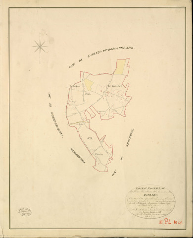 Houlbec-près-le-Gros-Theil. Tableau d'assemblage _ du Plan Parcellaire de la Commune de Houlbec _ Canton d'Amfreville - Louviers - Eure. _ Terminé sur le Terrain en 1828 , sous l'administration de M. Le Vicomte Raymond Delaître , Préfet _ M. Hallebout, Maire _ sous la Direction de M.Hurtrelle, Directeur des Contributions directes _ M. Hautier, Géomètre en Chef. _ Par M. Letailleur, Géomètre de 1re classe.