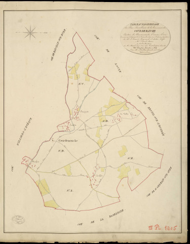Courdemanche. Tableau d'assemblage _ du Plan Parcellaire de la Commune de Courdemanche _ Canton de Nonancourt - Evreux - Eure. _ Terminé sur le Terrain le 10 Novembre 1829, sous l'administration de M. Le Vicomte Raymond Delaitre, Préfet _ M. Duval, Maire _ et sous la Direction de M. Marel, Directeur des Contributions directes _ M. Hautier, Géomètre en Chef. _ Par M. Letailleur, Géomètre de 1re classe.