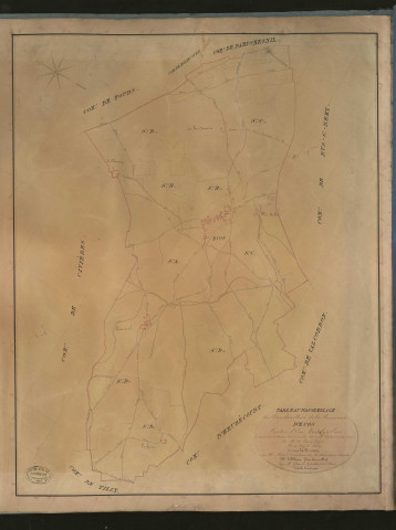 Ecos. Tableau d'assemblage du Plan Parcellaire de la Commune d'Ecos. _ Canton d'Ecos - Andelys, Eure. _ Terminé sur le terrain le 13 décembre 1830, sous l'administration de M. A. Passy, Préfet - M. de Fayet, Maire et sous la direction de M. Marel, Directeur des Contributions directes. _ - M. Le Fébure, Géomètre en Chef. _ Par M. Gérard, Géomètre de 1re classe.